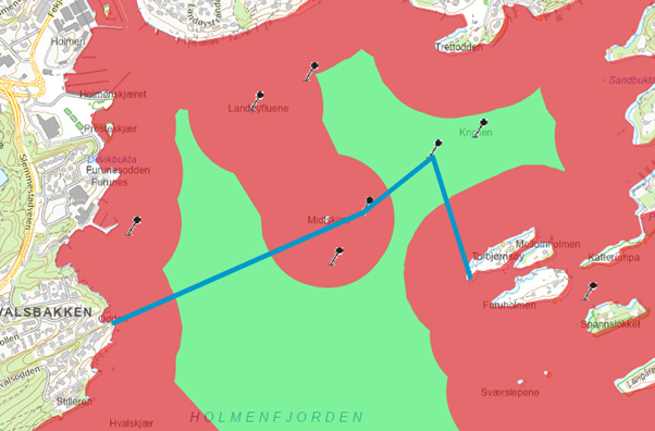 kart som viser mulig endring av fartsgrensene i Holmenfjorden
