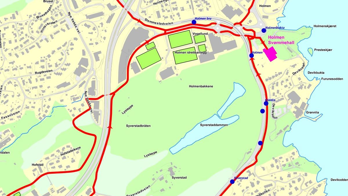 Kart over sykkelveier og bussholdeplasser i nærheten av Holmen svømmehall