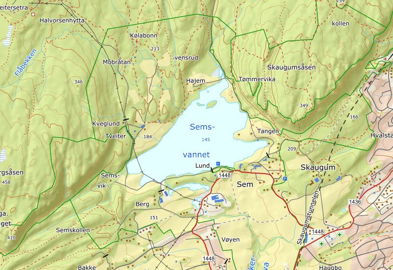 Kart over området rundt Semsvannet