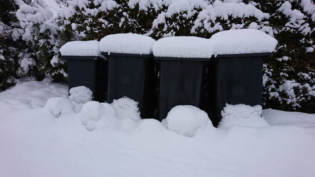 Søppelbeholdere med snø på seg