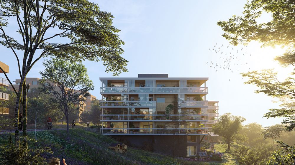 Illustrasjon av nye boliger på Landås, moderne bygg omgitt av natur, gressplen og trær. 